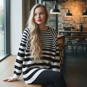 Alison Andrews  Black and Ivory Striped Tunic Sweater